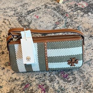 Tory Burch Green and White Striped Crossbody Bag
